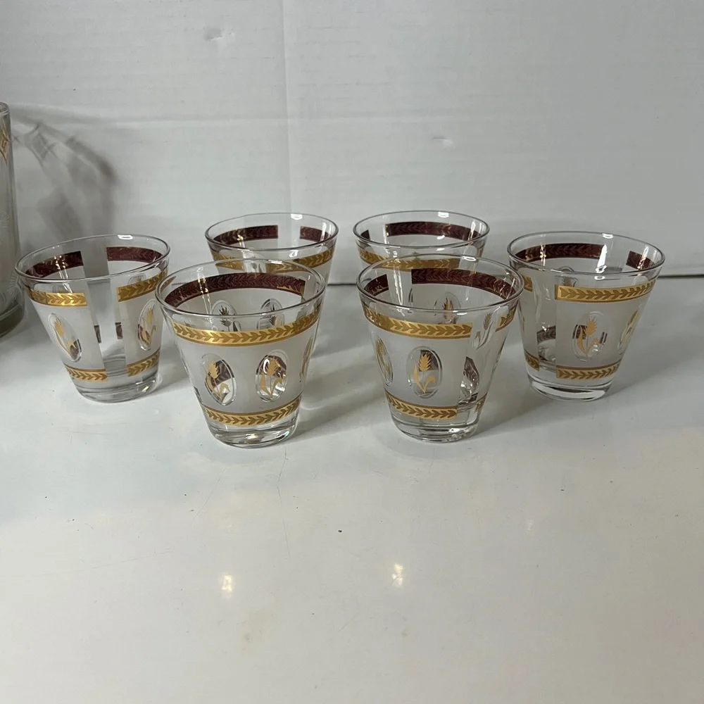 Vintage 15 Pc MCM Gold Wheat Foliage Etched Leaf Bar Set